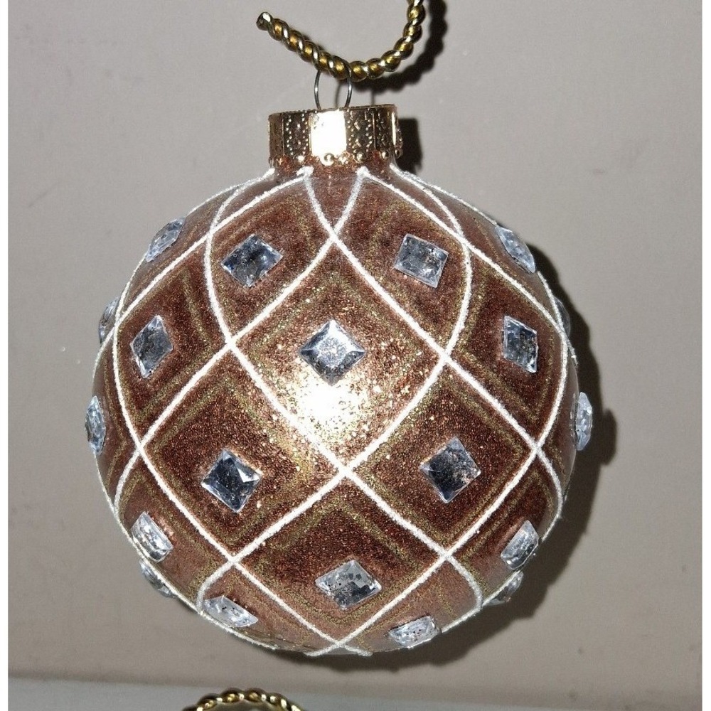 4" Glass Christmas Ornament Bronze Gold Jeweled Rhinestone Glitter Lattice